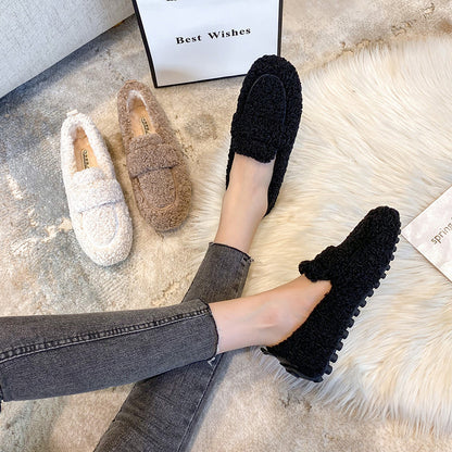 Mocasines planos de felpa de invierno Loom & Soul para mujer – Mocasines de lana de cordero cálidos sin cordones con forro suave y tacón plano