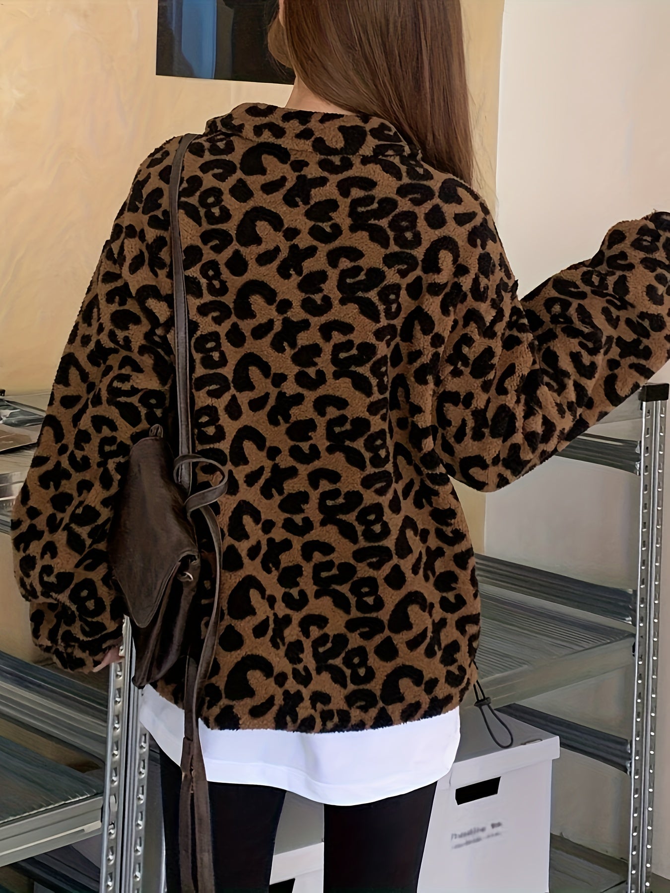 Sudadera con capucha elegante de felpa con estampado de leopardo – Chaqueta con cremallera forrada de forro polar suave