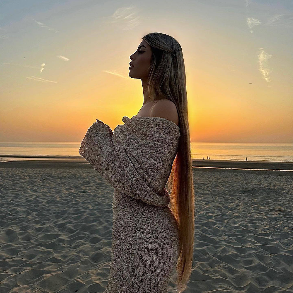 One-Shoulder Knit Maxi Dress – Elegant Long Sleeve Beach Dress