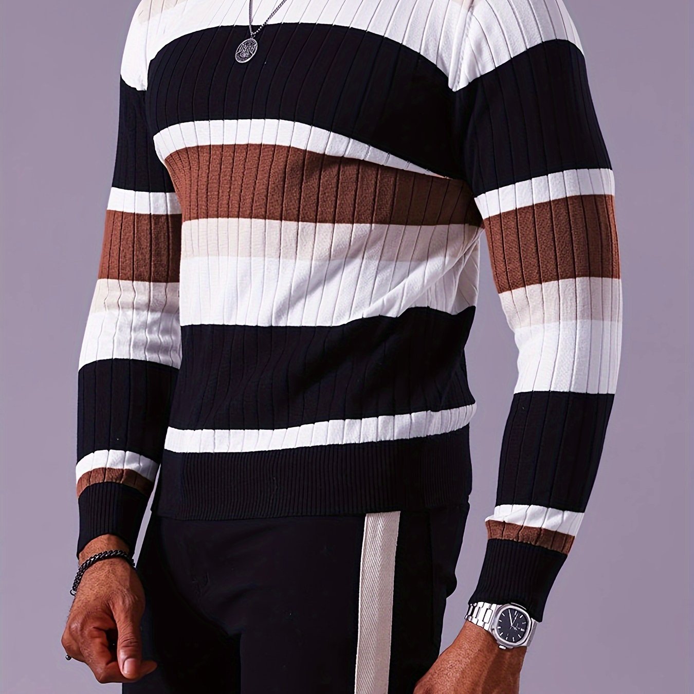 Pull rayé en tricot côtelé pour homme – Pull Color Block Automne Hiver