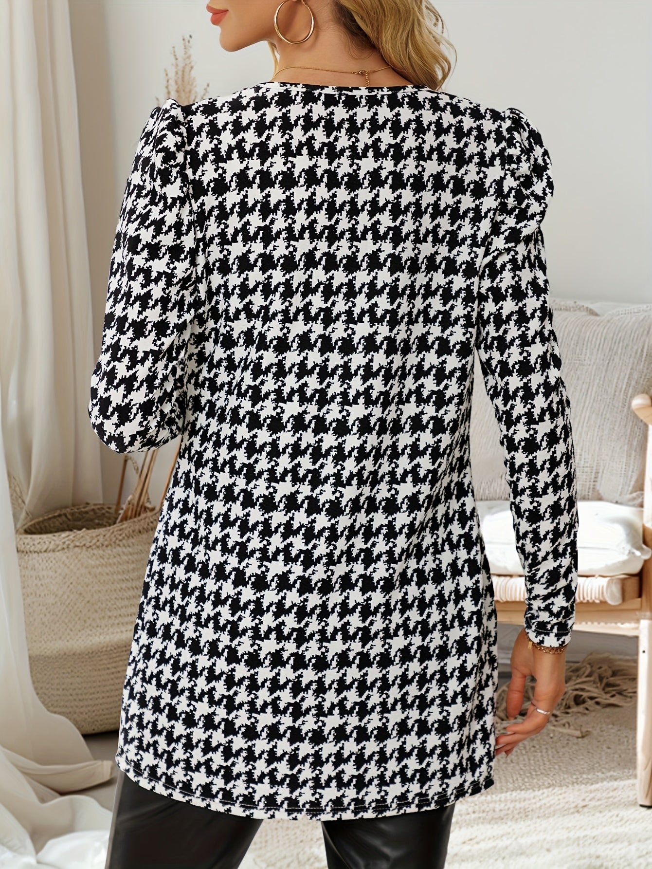 Cárdigan de pata de gallo para mujer – Chaqueta de punto elegante con mangas abullonadas