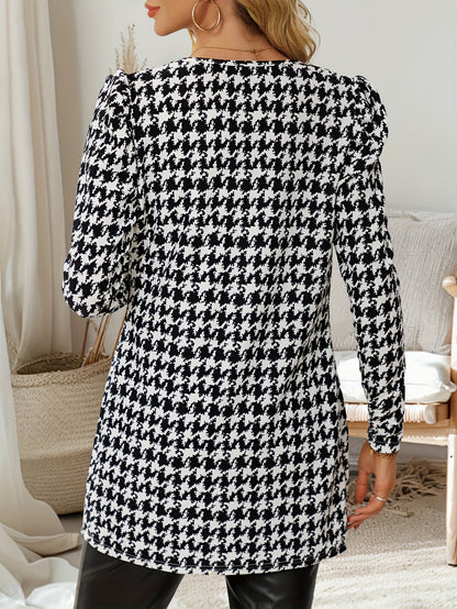 Cárdigan de pata de gallo para mujer – Chaqueta de punto elegante con mangas abullonadas