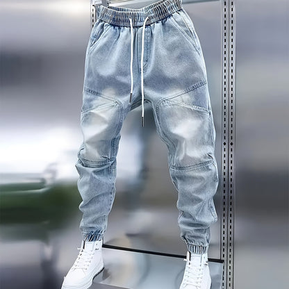 Men’s Drawstring Denim Joggers – Slim Fit Patchwork Jeans