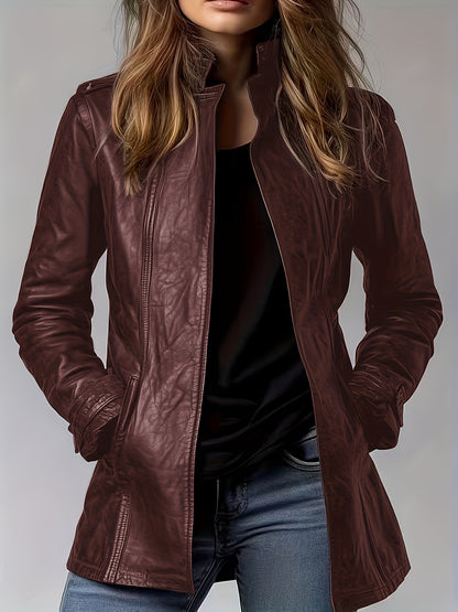 Women’s PU Motorcycle Jacket – Vintage Stand Collar Retro Zip Coat