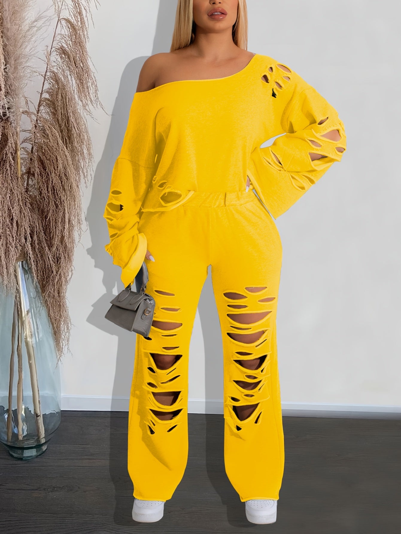 Ensemble 2 pièces femme épaules dénudées délavé – Haut manches longues et pantalon déchiré