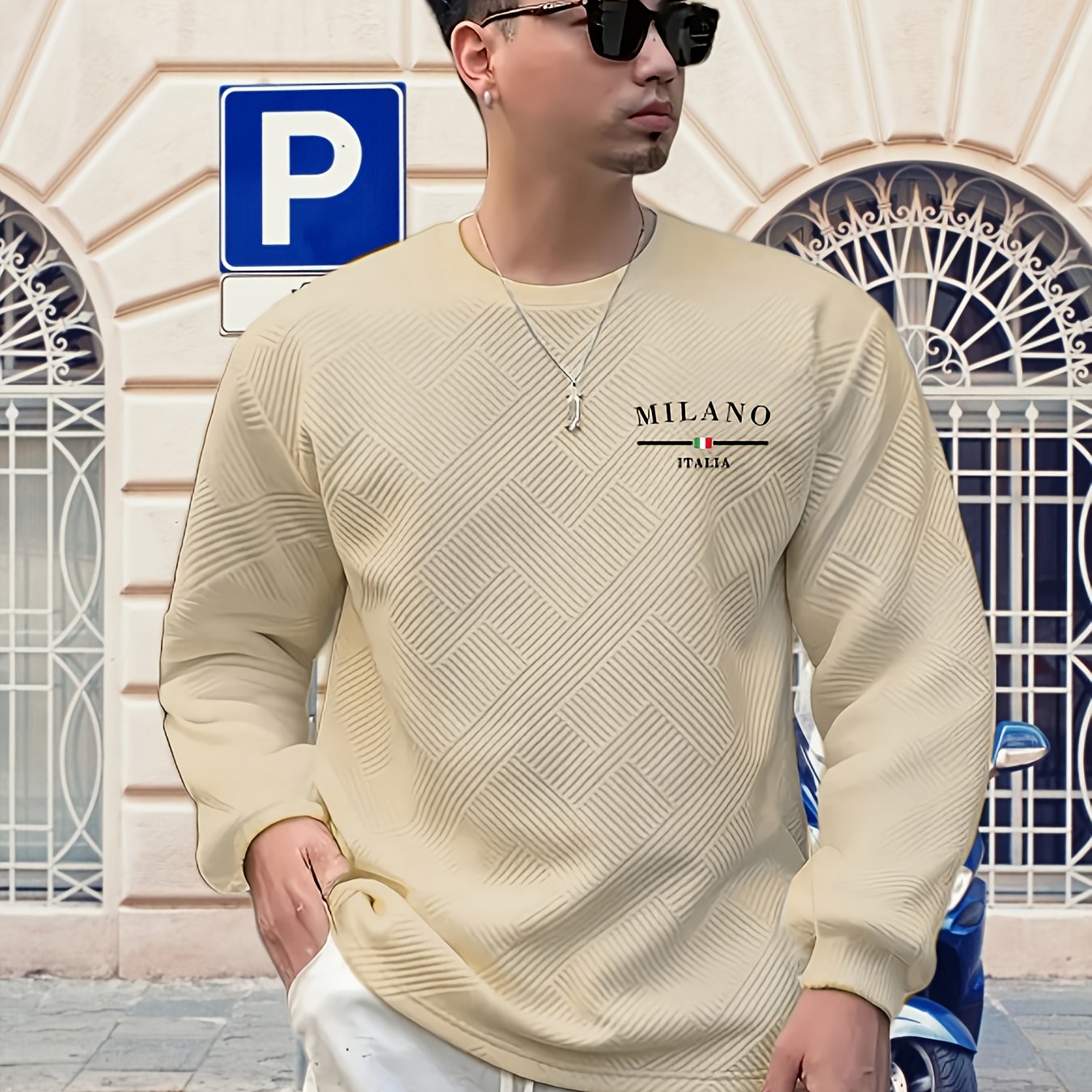 Sudadera jacquard de cuello redondo para hombre – Jersey casual de manga larga con estampado geométrico