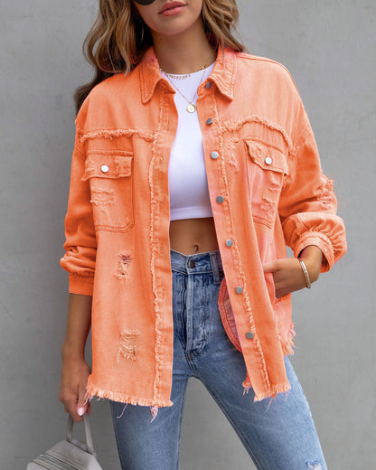Chaqueta camisera rasgada Loom & Soul para mujer – Top casual de ajuste holgado con botones para primavera y otoño