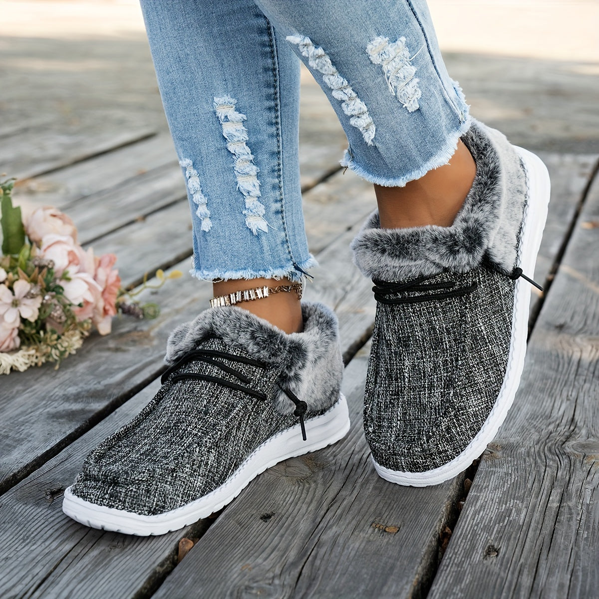 Mocassins à enfiler pour femmes – Chaussures d'hiver décontractées chaudes et antidérapantes avec semelle en EVA