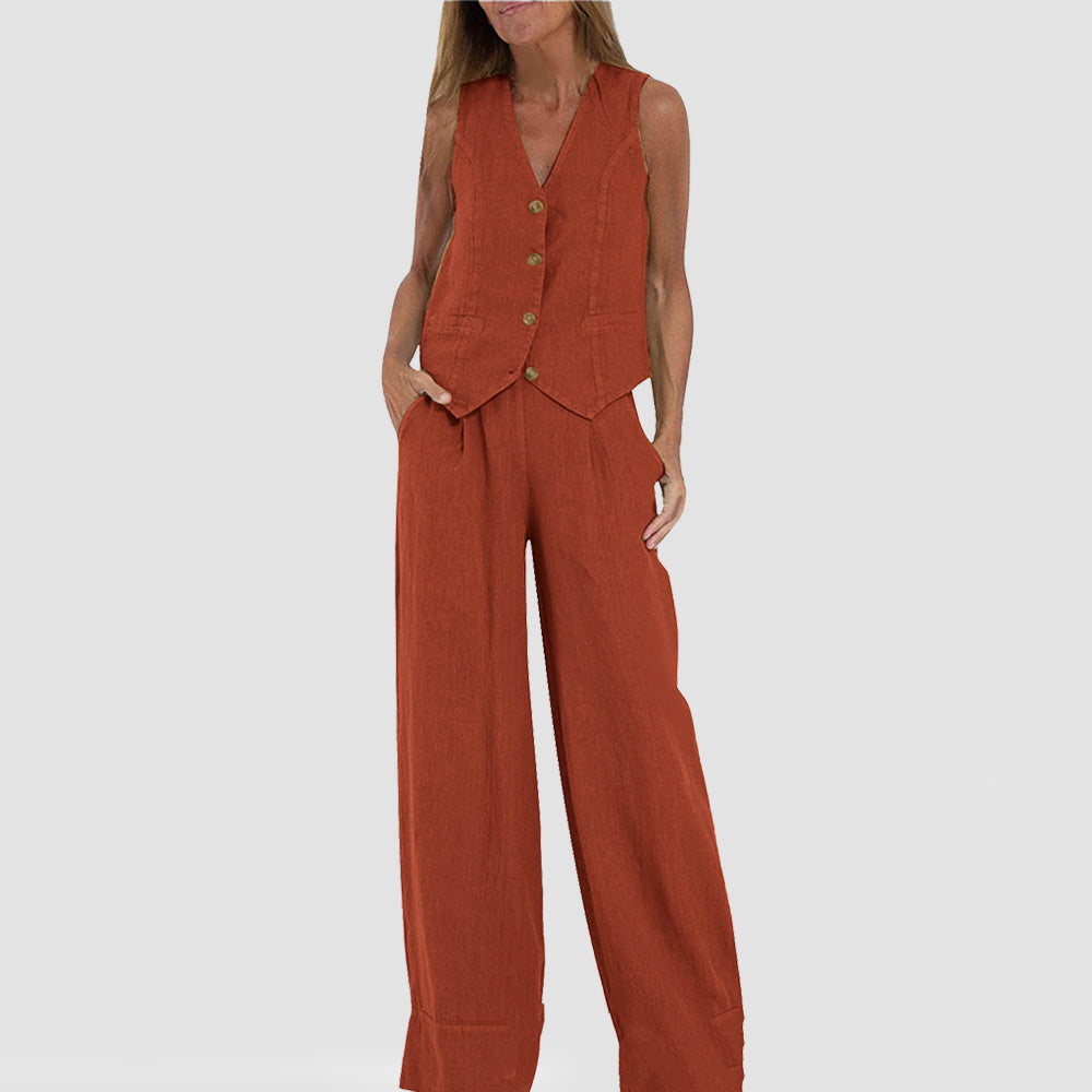 Conjunto de Chaleco y Pantalón de Lino y Algodón Loom & Soul™ para Mujer – Top sin Mangas con Cuello en V y Pantalones Rectos Sueltos