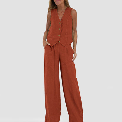Conjunto de Chaleco y Pantalón de Lino y Algodón Loom & Soul™ para Mujer – Top sin Mangas con Cuello en V y Pantalones Rectos Sueltos