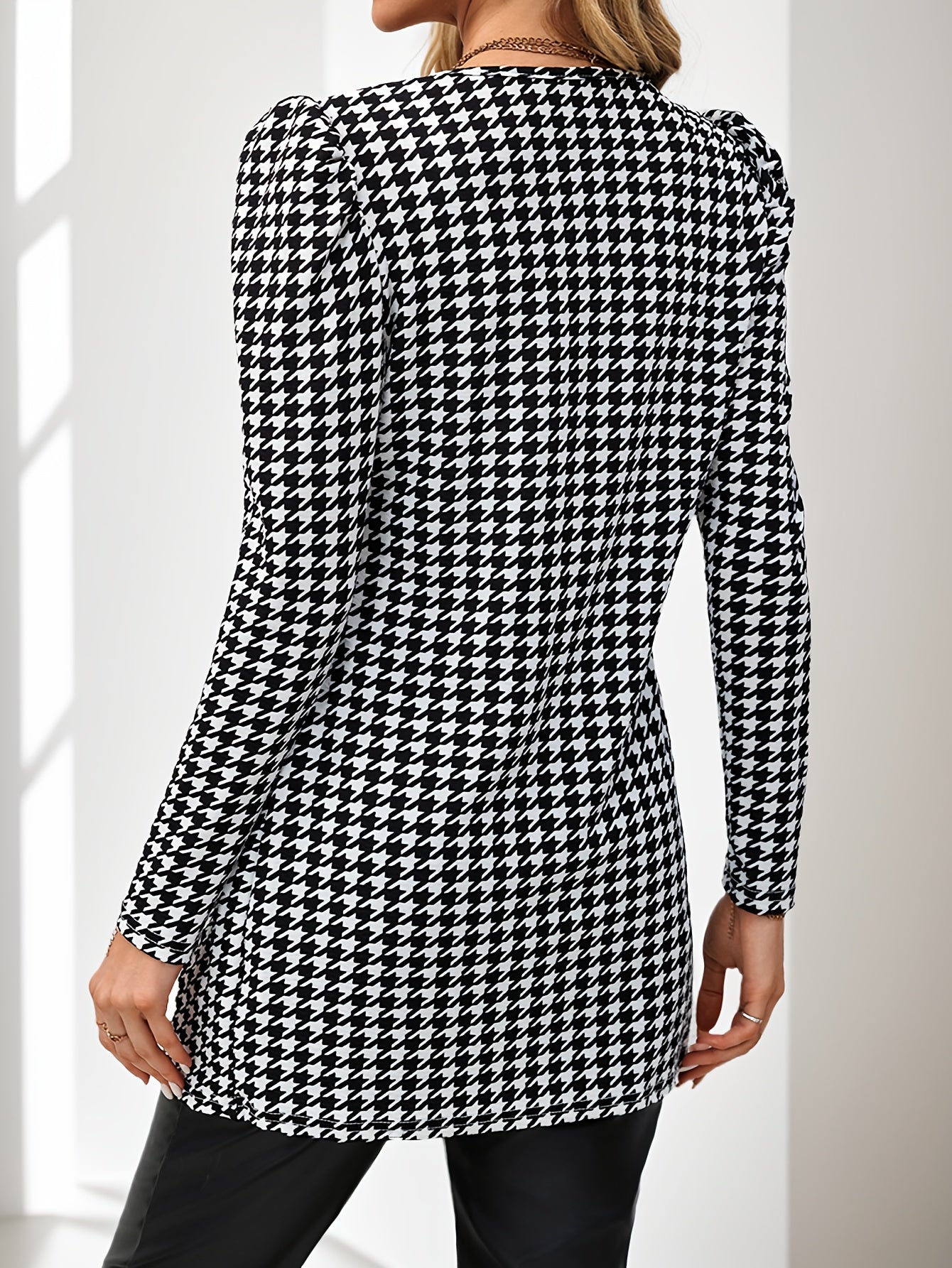 Cárdigan de pata de gallo para mujer – Chaqueta de punto elegante con mangas abullonadas