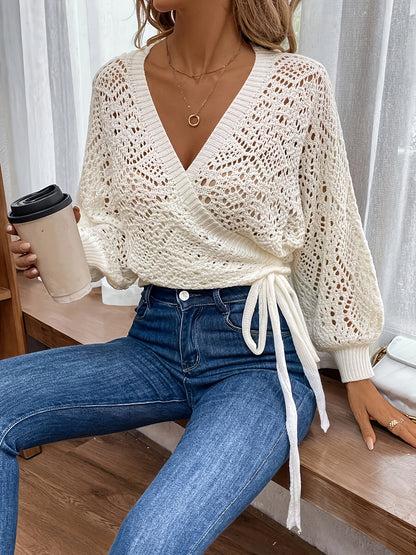 Elegante suéter de cuello en V con mangas farol – Suéter ligero para todas las estaciones