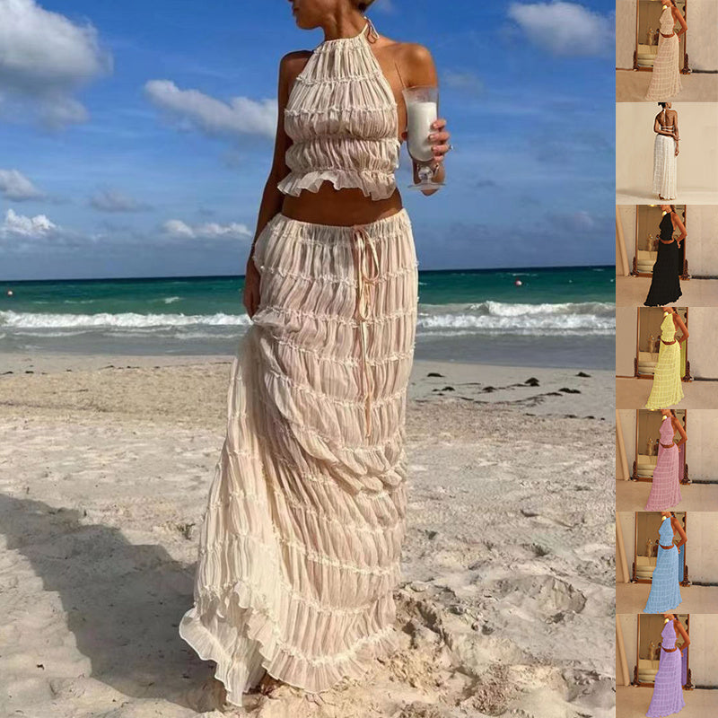Conjunto de falda y top Loom & Soul™ de 2 piezas – Top corto sin espalda y falda larga plisada de talle alto para mujer