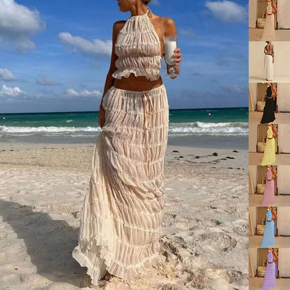 Conjunto de falda y top Loom & Soul™ de 2 piezas – Top corto sin espalda y falda larga plisada de talle alto para mujer