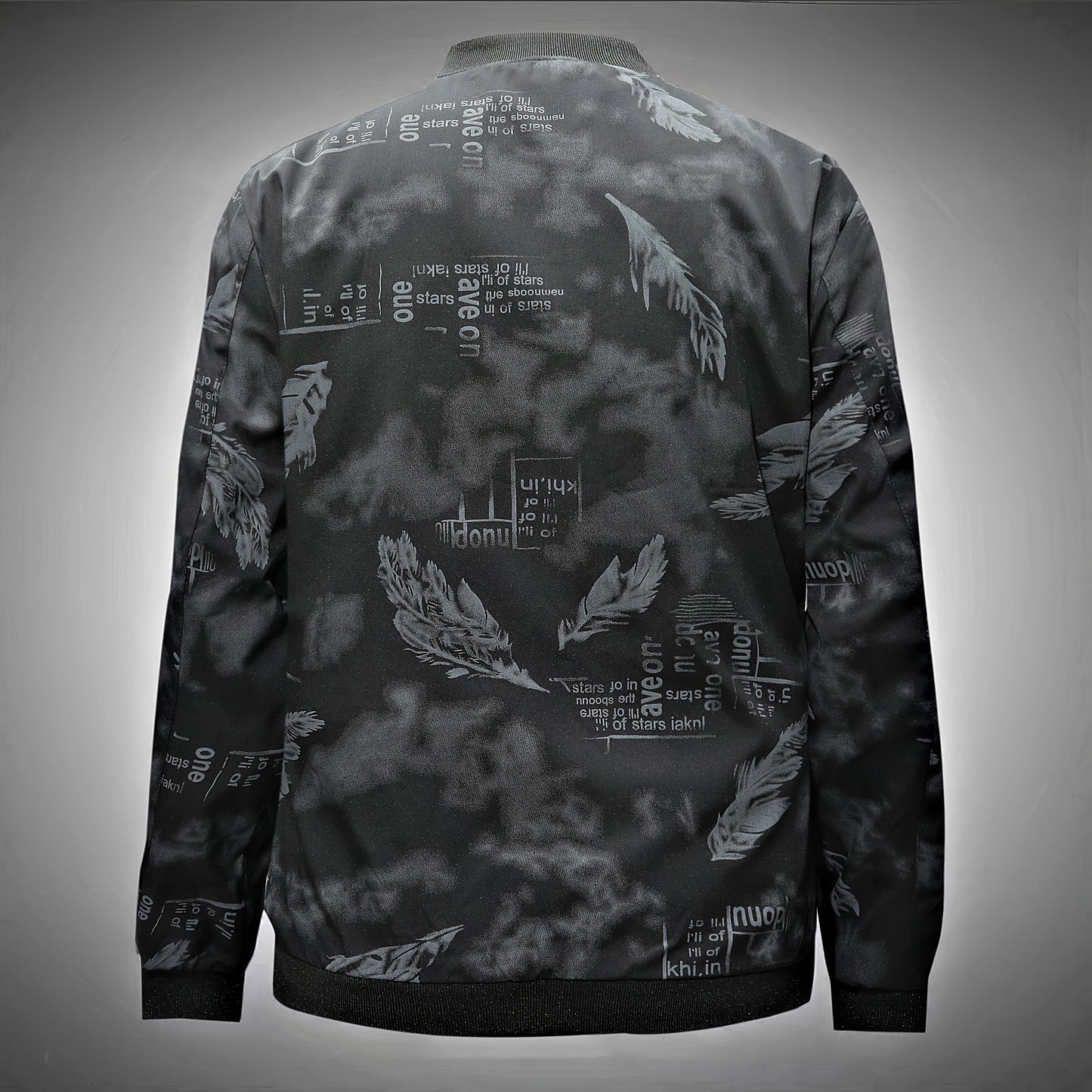 Men’s Feather Print Track Jacket – Zip-Up Baseball Collar Street Coat