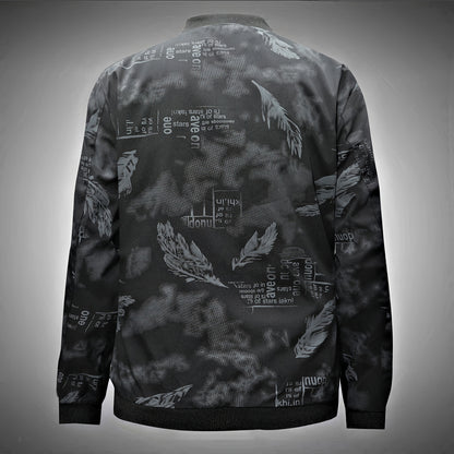 Men’s Feather Print Track Jacket – Zip-Up Baseball Collar Street Coat