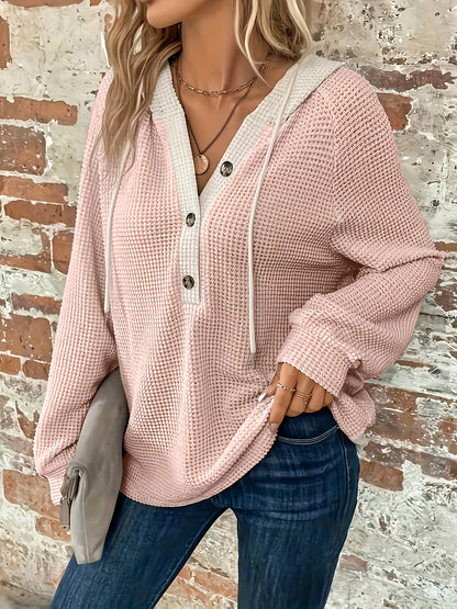 Sudadera informal con capucha y cordón con botones y bloques de color para mujer