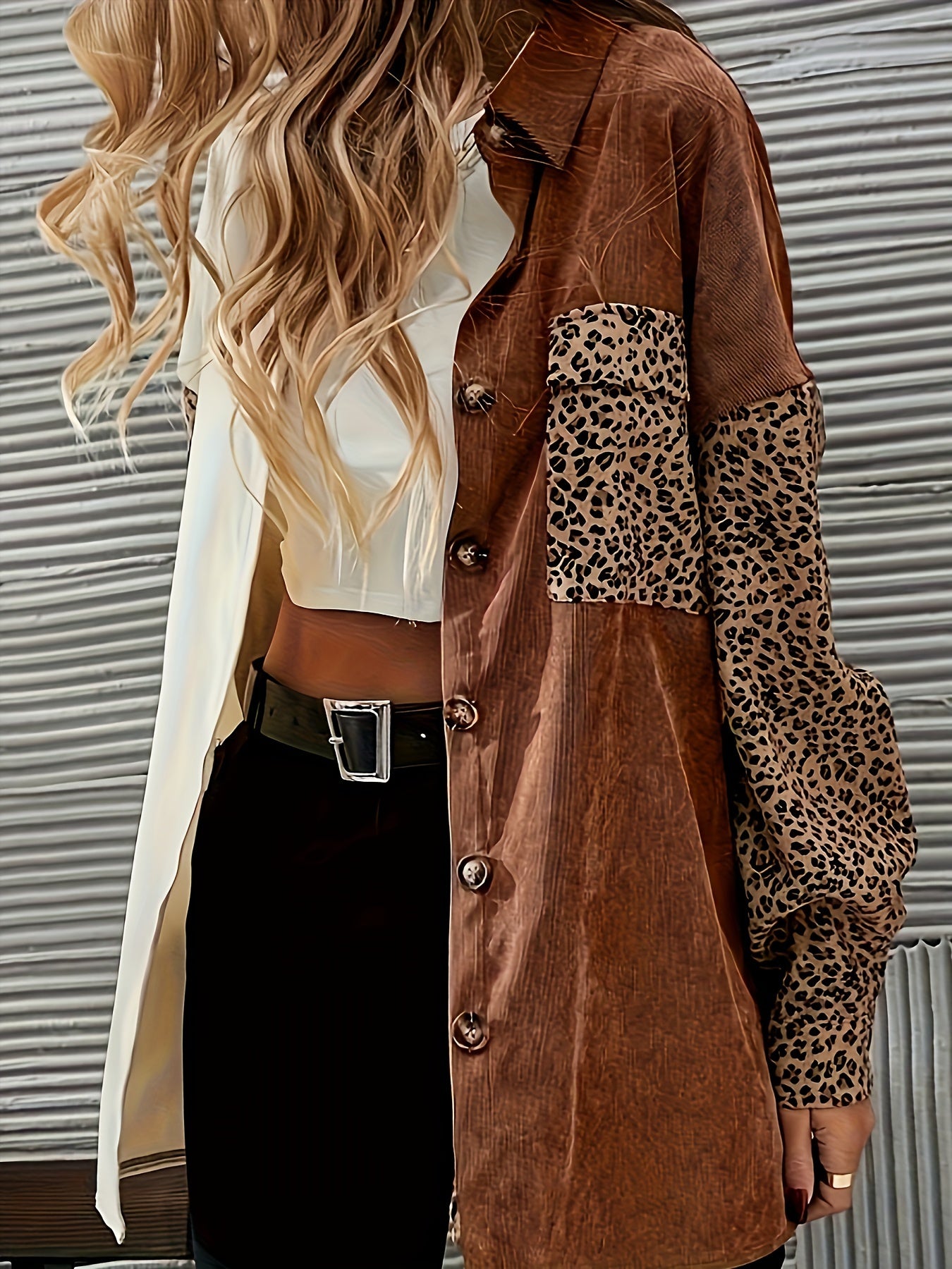 Women’s Contrast Leopard Button-Up Shirt – Elegant Long Sleeve Top