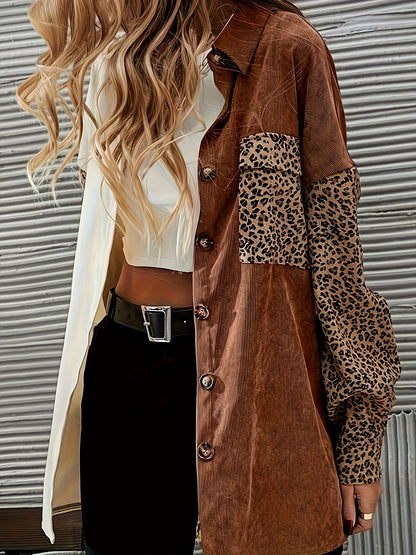 Women’s Contrast Leopard Button-Up Shirt – Elegant Long Sleeve Top
