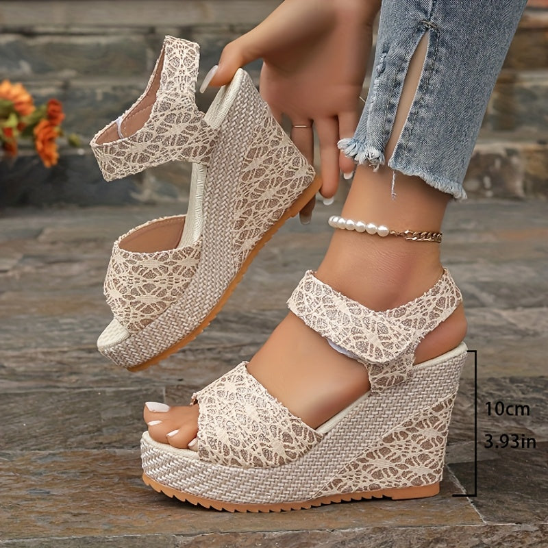 Sandalias de cuña de encaje negro – Elegantes tacones de verano con pulsera en el tobillo
