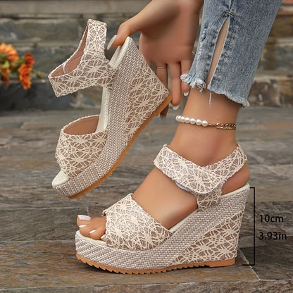 Sandalias de cuña de encaje negro – Elegantes tacones de verano con pulsera en el tobillo