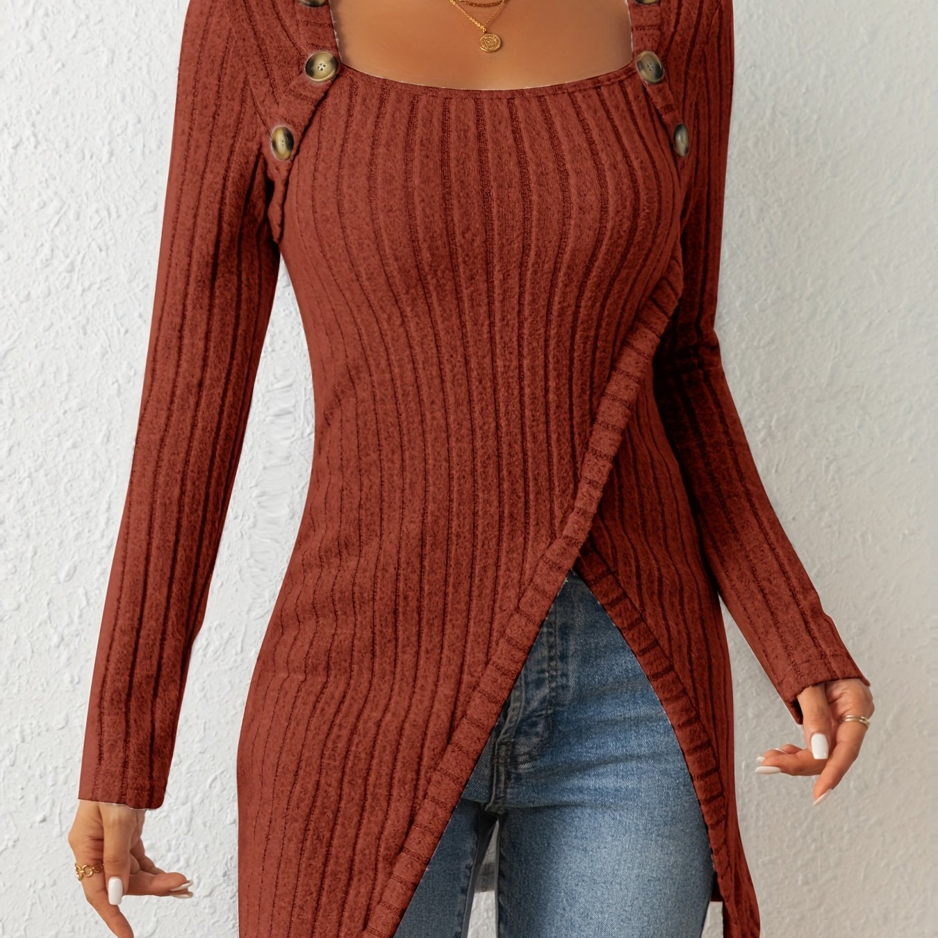Camiseta de punto entallada para mujer – Top de manga larga con cuello cuadrado