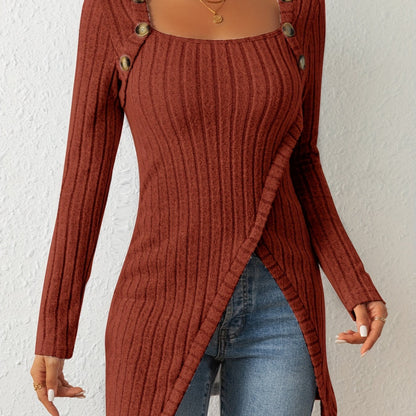 Camiseta de punto entallada para mujer – Top de manga larga con cuello cuadrado