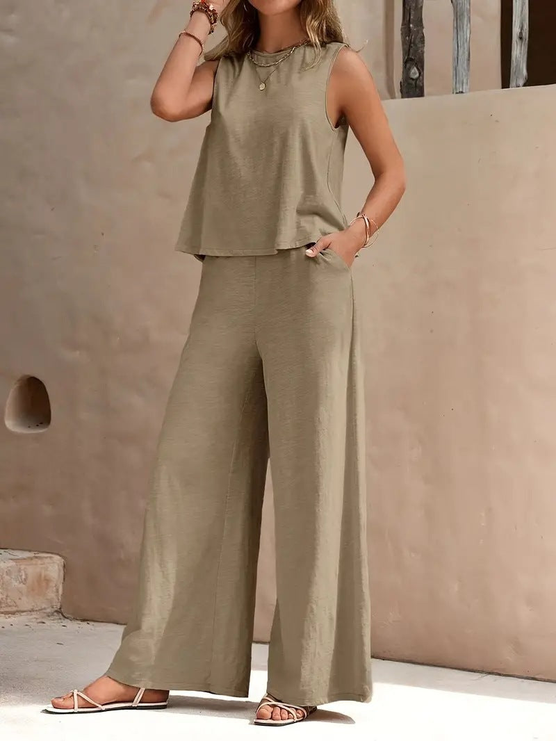 Conjunto de lino de dos piezas para mujer – Top sin mangas y pantalón holgado