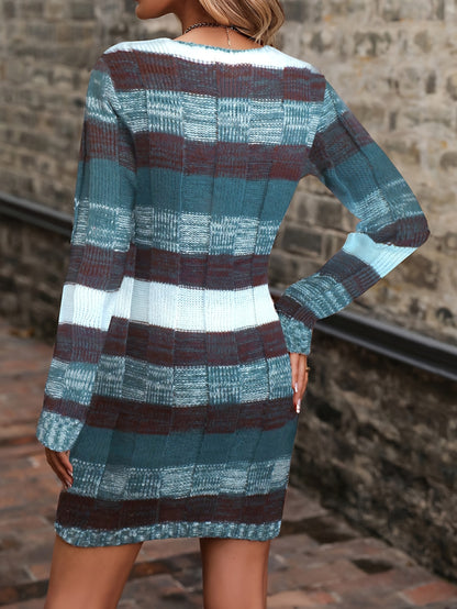 Vestido suéter de mujer con bloques de color – Cuello en V Tejido suelto para otoño