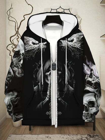 Sweat à capuche zippé gothique tête de mort pour homme Loom & Soul – Veste streetwear ailes enflammées