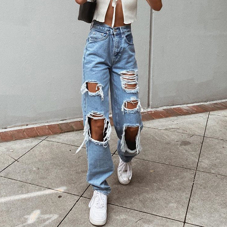 Jean en denim lavé classique Loom & Soul™ – Pantalon femme taille mi-haute coupe droite avec détails effilochés