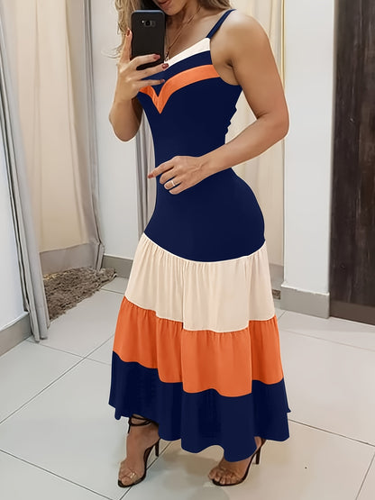 Colorblock Ruched Maxi Dress – Spaghetti Strap Ruffle Summer Dress