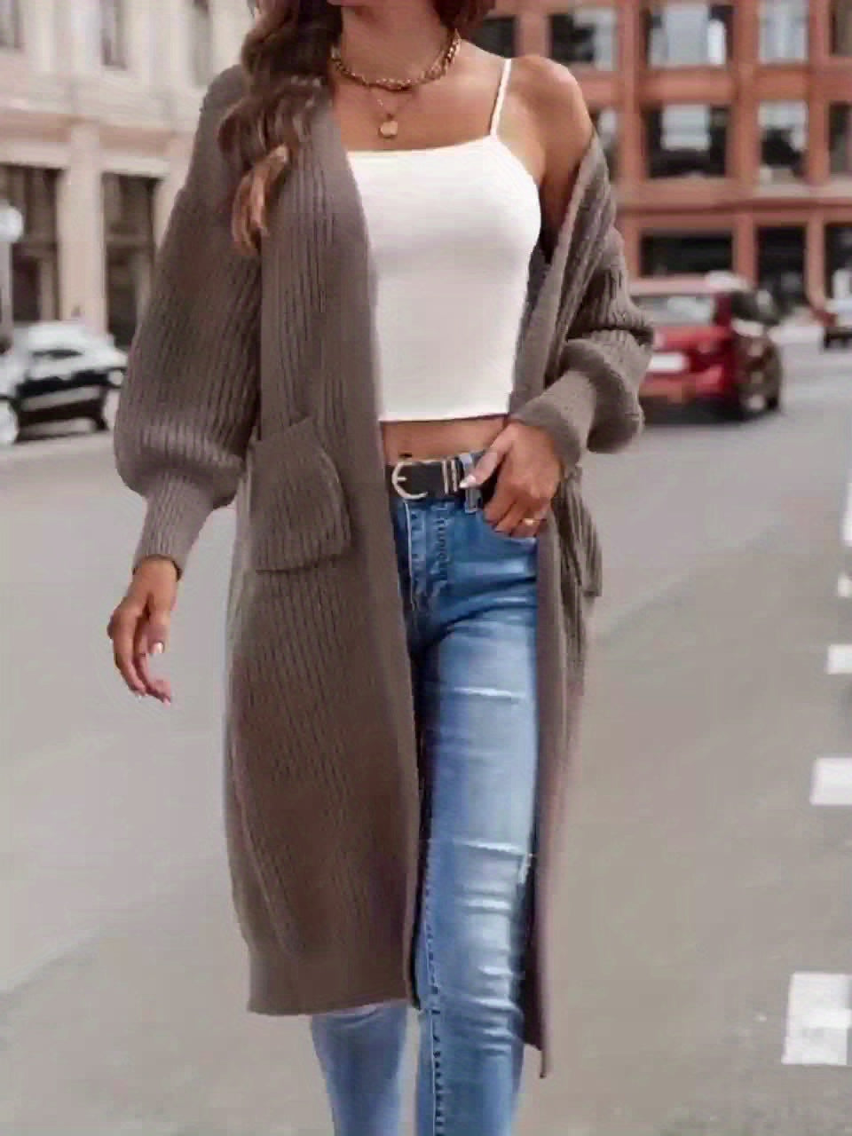 Elegante cárdigan acanalado con cuello en V profundo – Suéter de punto de otoño/invierno para mujer