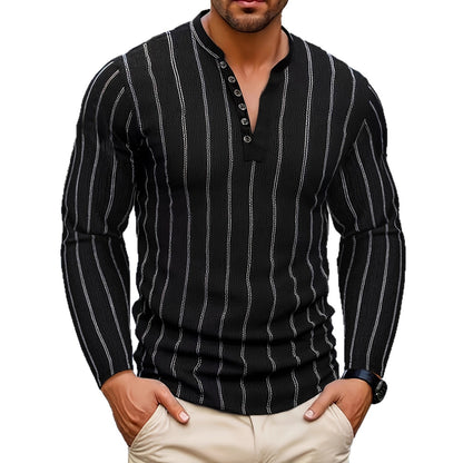Jersey de manga larga a rayas y cuello redondo para hombre – Suéter informal ajustado