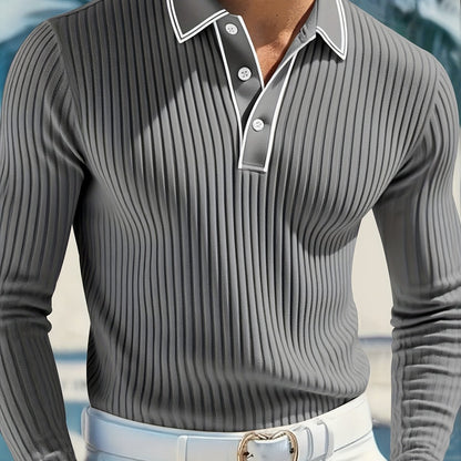 Polo a rayas para hombre – Top informal de manga larga de corte holgado