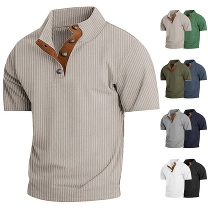 Men’s Corduroy Stand Collar Tee – Textured Casual Short Sleeve