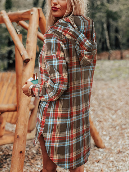 Sudadera retro de cuadros con capucha para mujer – Cárdigan largo de otoño con botones