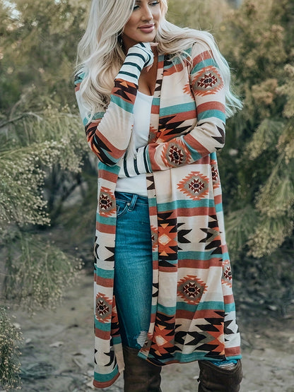 Cárdigan con estampado azteca del suroeste – Chaqueta de punto turquesa y roja para mujer