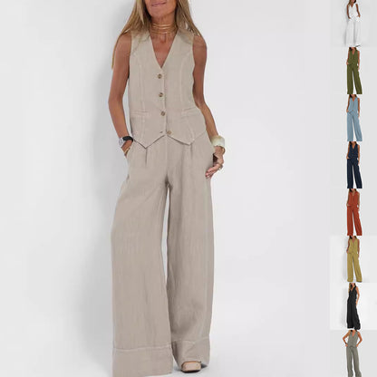 Conjunto de Chaleco y Pantalón de Lino y Algodón Loom & Soul™ para Mujer – Top sin Mangas con Cuello en V y Pantalones Rectos Sueltos