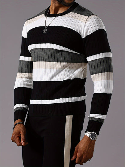 Pull rayé en tricot côtelé pour homme – Pull Color Block Automne Hiver