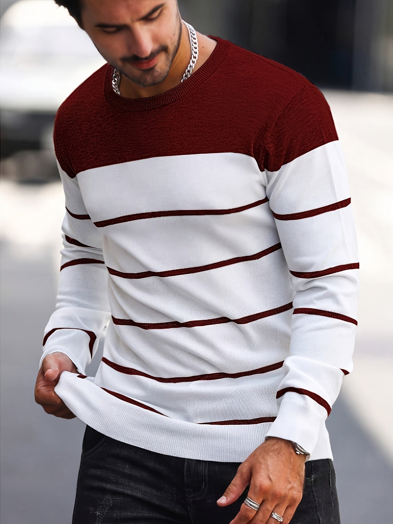 Suéter de punto a rayas azul marino para hombre – Sudadera informal de cuello redondo