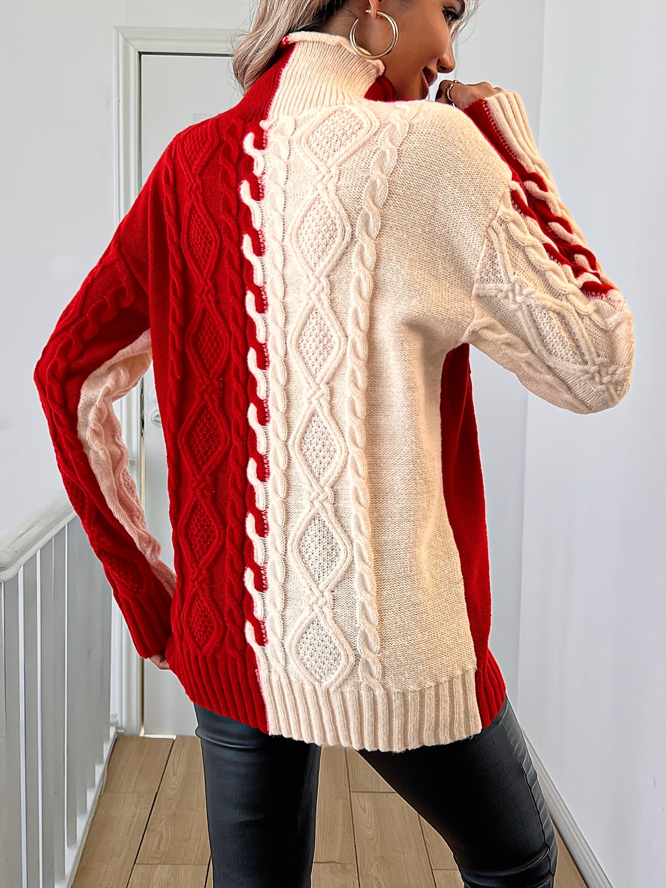 Blusa Elegante de Rayas con Cuello Alto – Top de Manga Larga de Punto Color Block