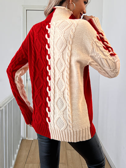 Blusa Elegante de Rayas con Cuello Alto – Top de Manga Larga de Punto Color Block