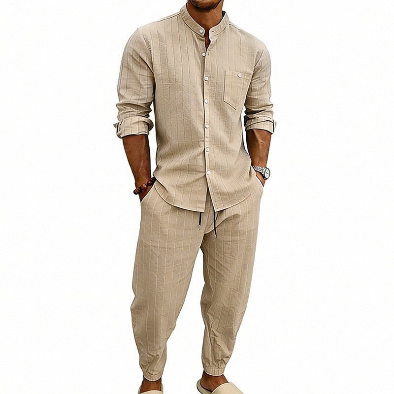 Men’s Striped Henley Set – Linen Jogger Streetwear Outfit