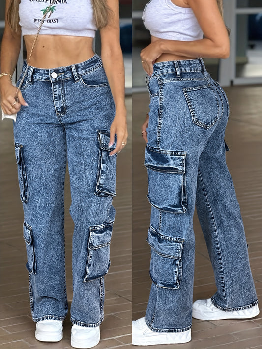Vaqueros cargo de cintura alta para mujer – Pantalones de mezclilla de trabajo con múltiples bolsillos