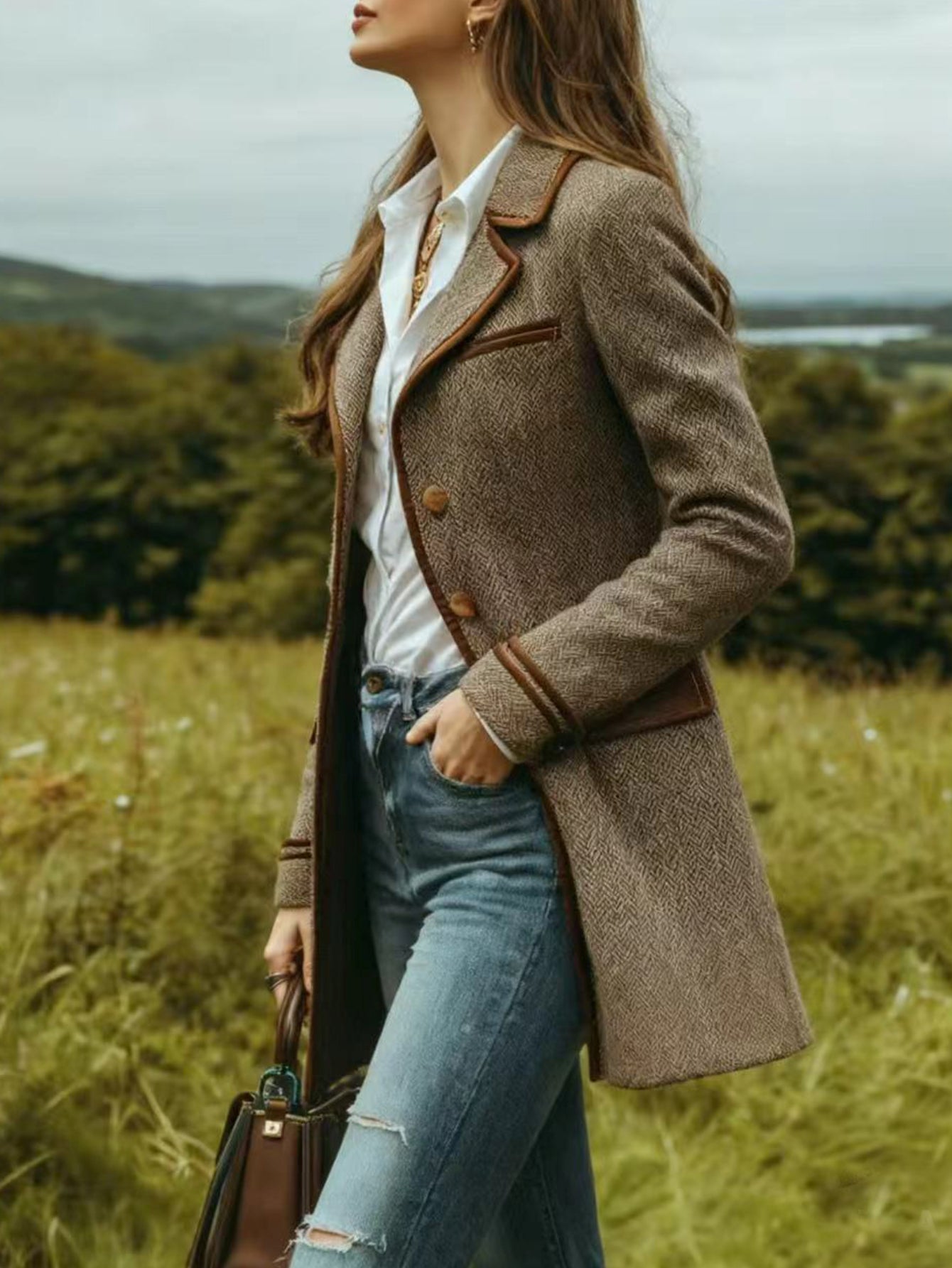 Brown Herringbone Coat – Mid-Length Belted Elegant Jacket