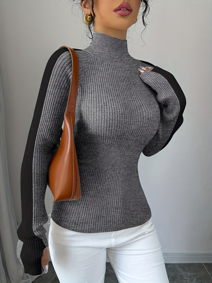 Suéter de cuello alto color block para mujer - Blusa elegante de punto suave