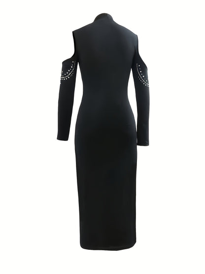 Rhinestone Bodycon Evening Gown – Elegant Cold Shoulder Long Dress