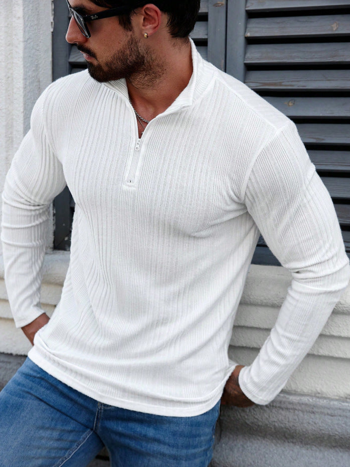 Sudadera con capucha de punto acanalado para hombre con cuello alto – Sudadera gruesa ajustada