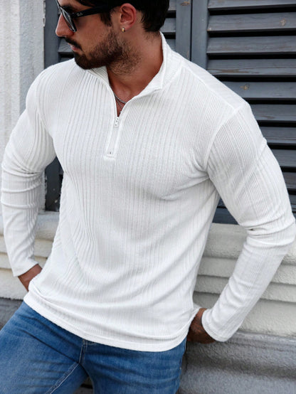 Sudadera con capucha de punto acanalado para hombre con cuello alto – Sudadera gruesa ajustada